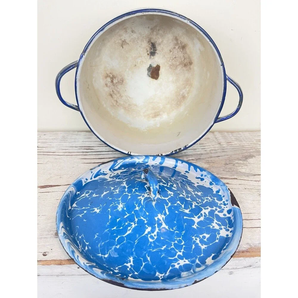 Antique Blue Swirl Graniteware Saucepan W/Lid And Handles 8”x 6” Country Rare